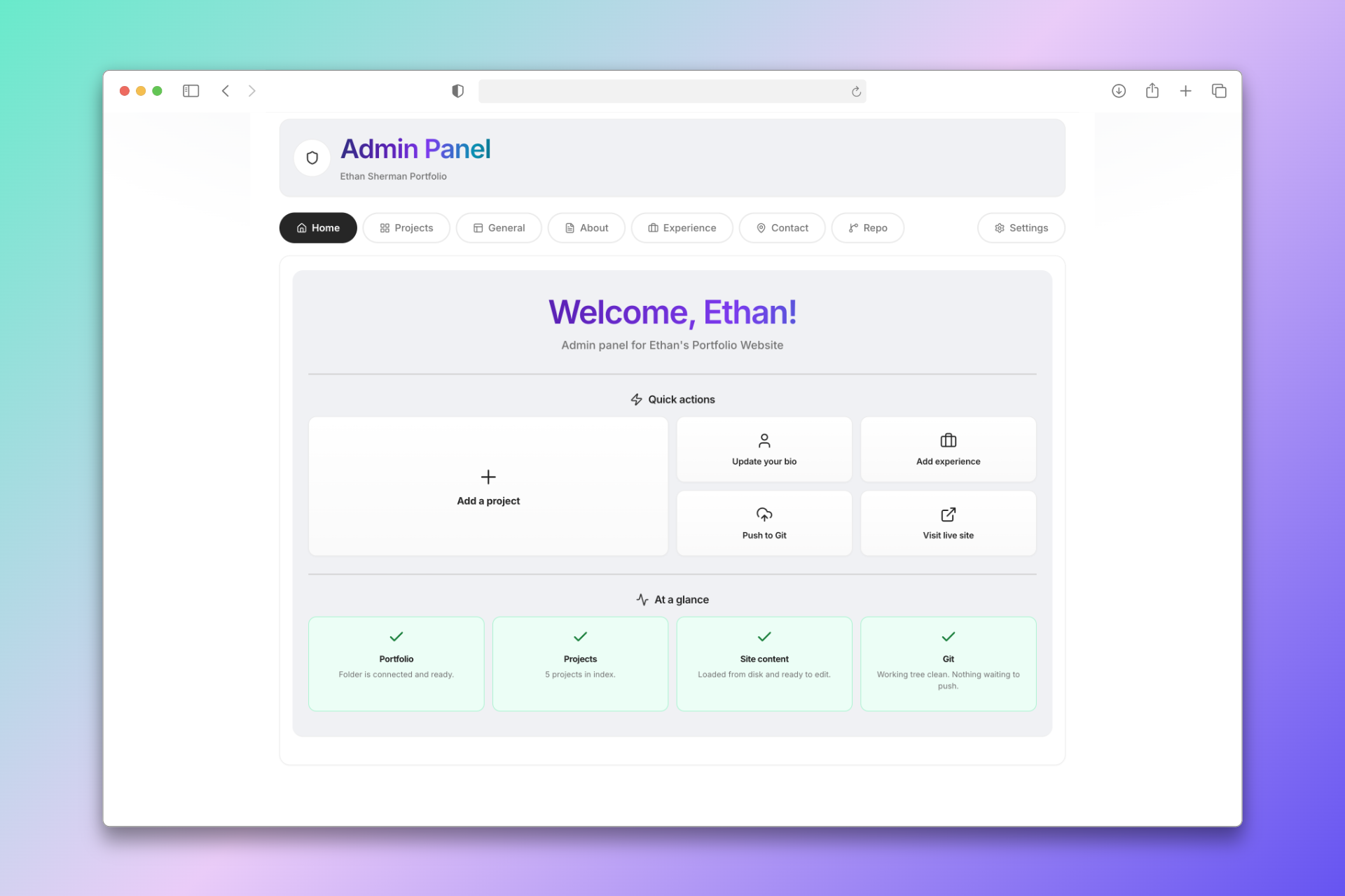 Admin panel home screen